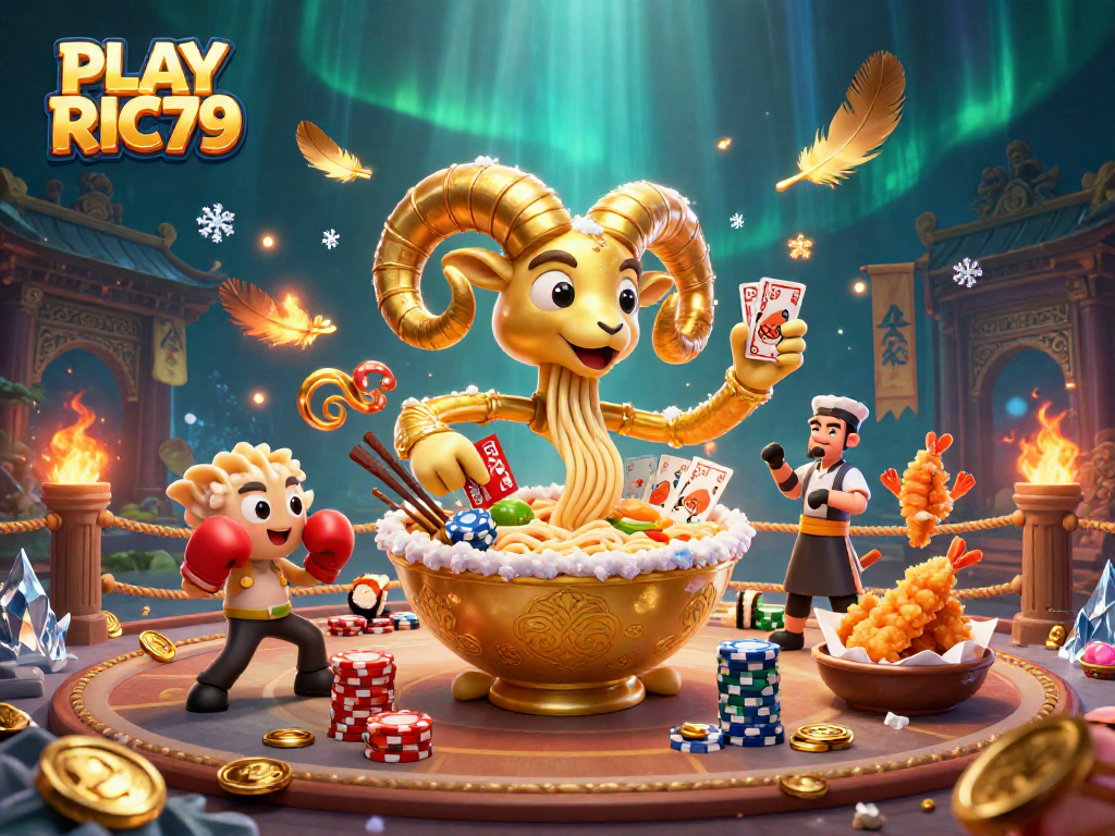 Bet big with PLAY RIC79 at this vibrant casino illustration featuring giant ramen and sushi characters.
