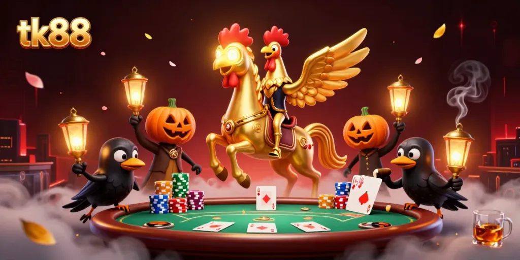 Experience thrilling action at tk88 with a casino scene featuring a unique golden rooster riding a spectral horse.