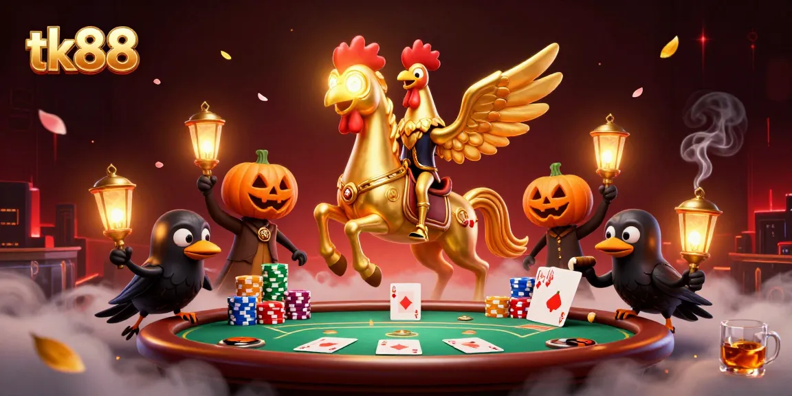 Experience thrilling action at tk88 with a casino scene featuring a unique golden rooster riding a spectral horse.