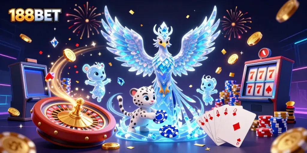 Experience dynamic gaming excitement with 188BET, featuring an ice phoenix, poker, and casino elements.