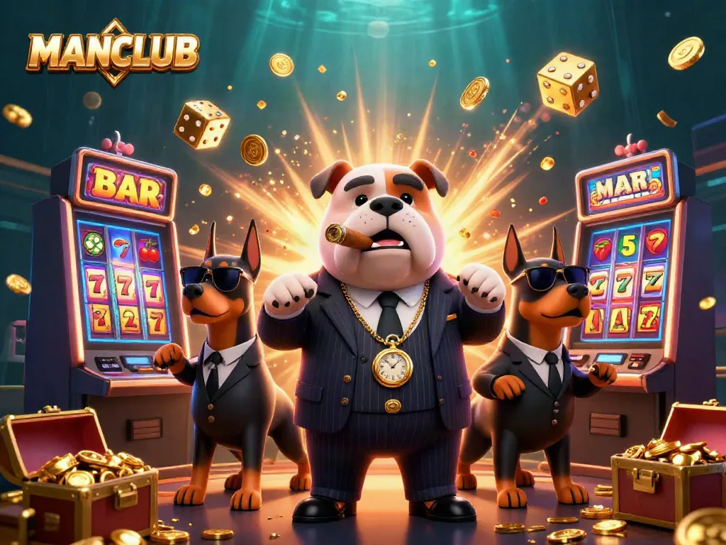 Engaging casino scene featuring MANCLUB's mascot mafia bulldog amidst vibrant slot machines and gold coins.
