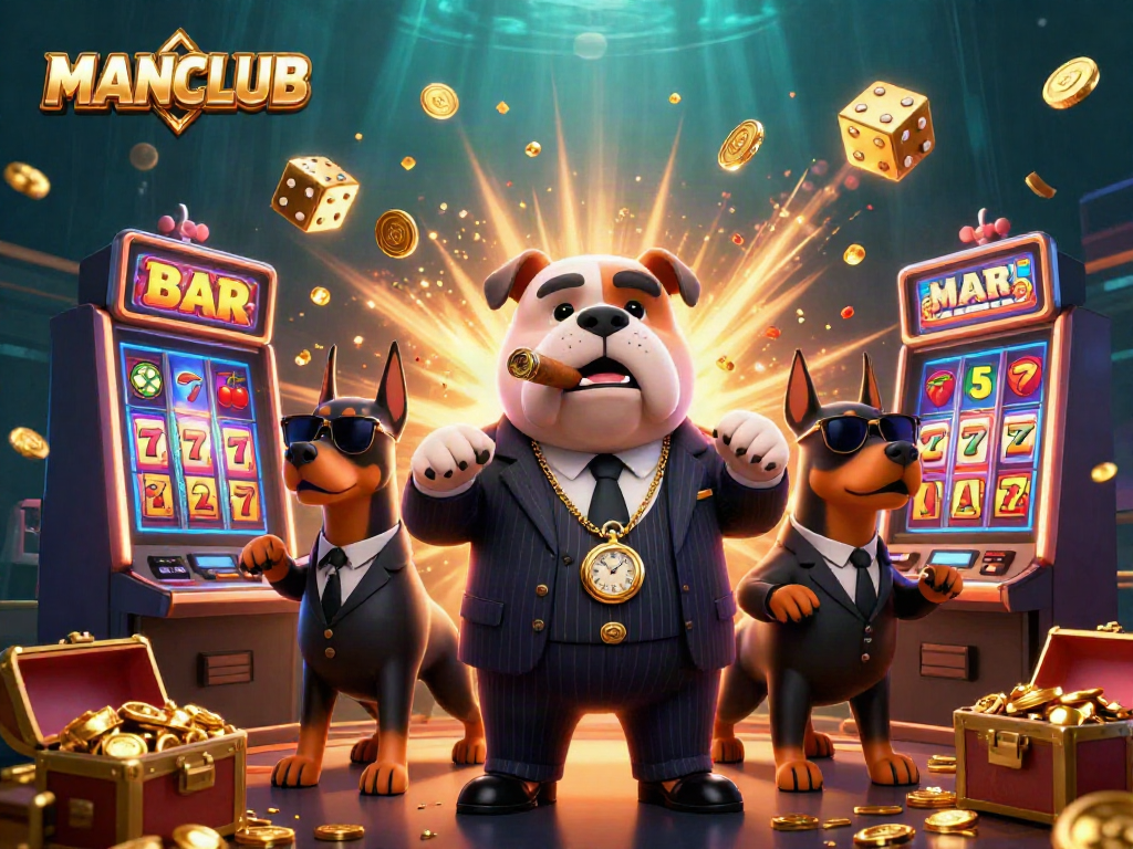 Engaging casino scene featuring MANCLUB's mascot mafia bulldog amidst vibrant slot machines and gold coins.