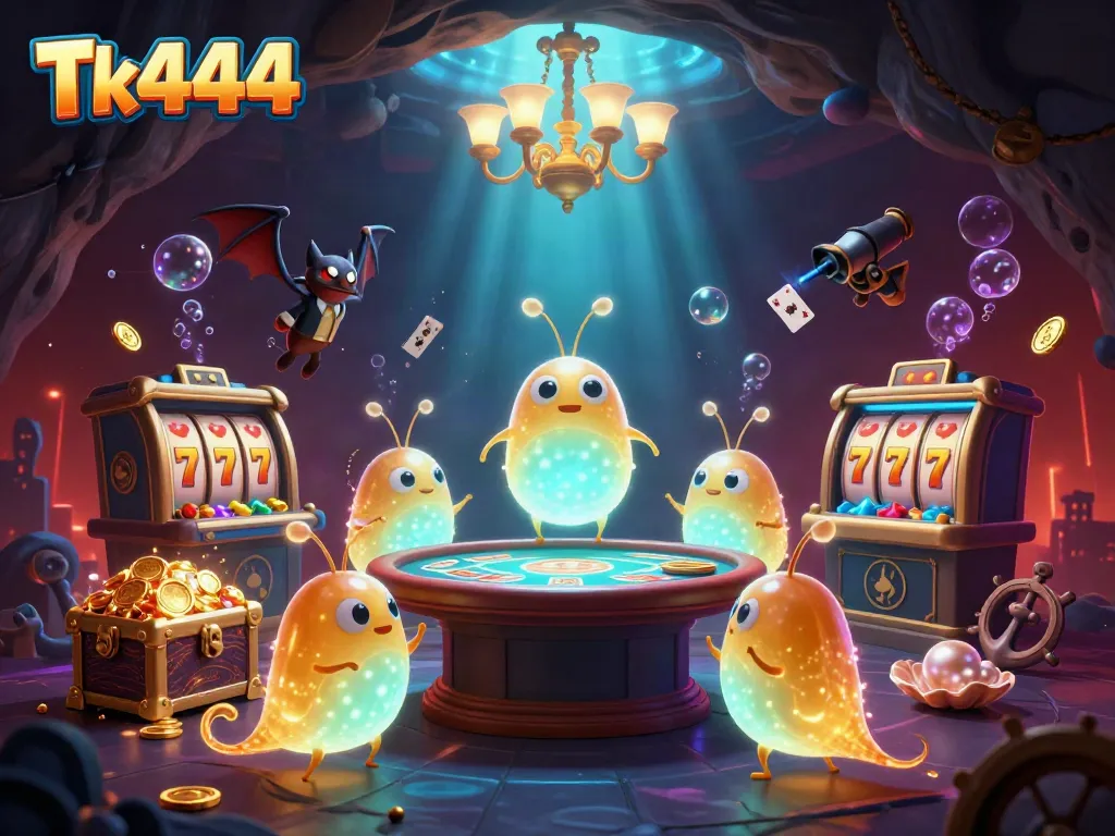 Experience thrilling gaming at Tk444 with glowworms illuminating a vibrant cave casino scene.