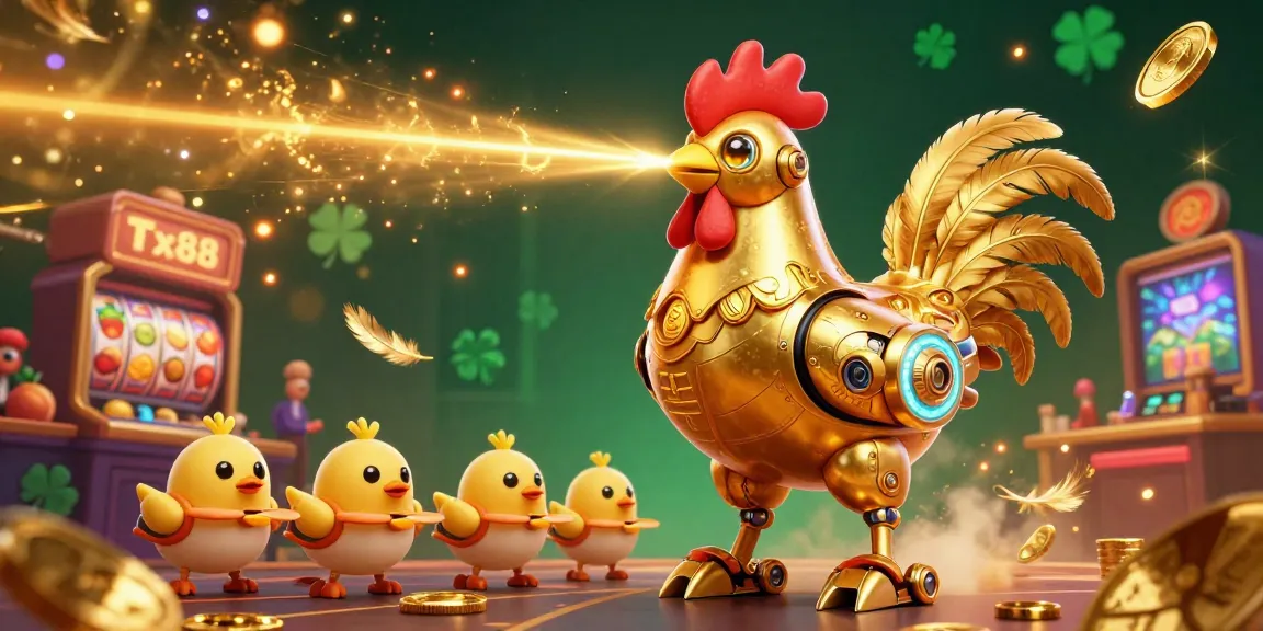 Experience the excitement of Tx88 with a retro-futuristic golden rooster robot in a vibrant casino scene.