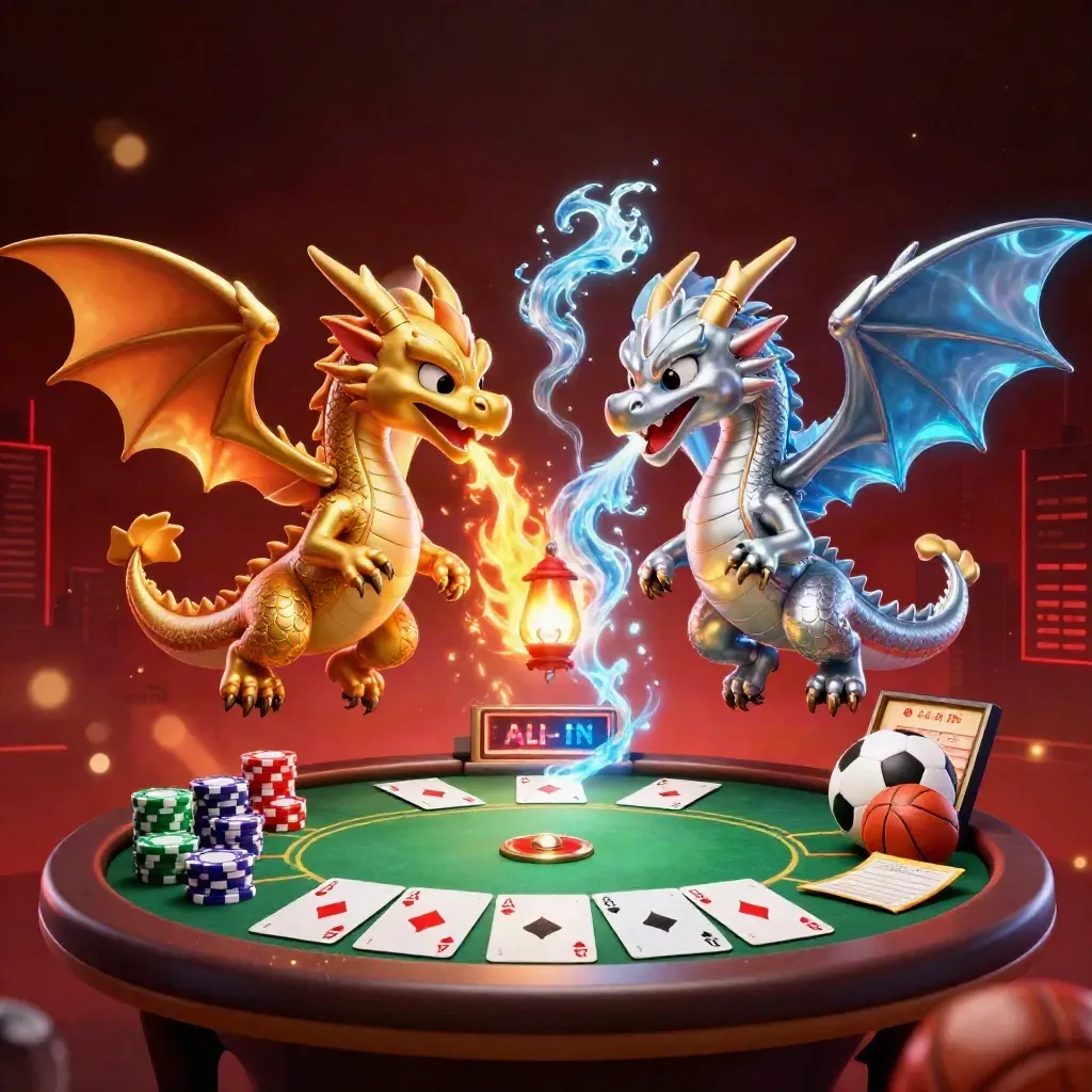 Two dragons with fire and ice breath hover over poker chips, cards, and sports balls in neon casino light.