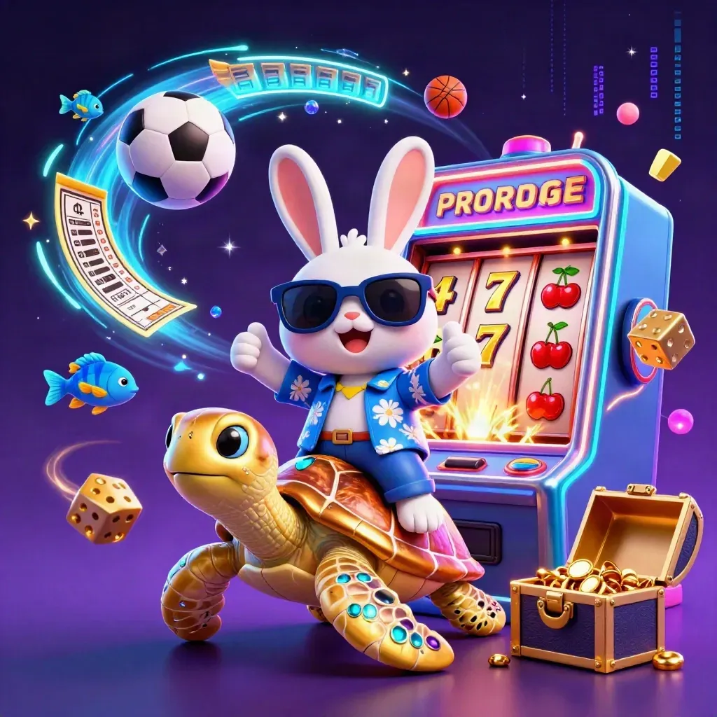 Cartoon rabbit rides a gold turtle amid slot bursts, sports balls, and neon casino energy.