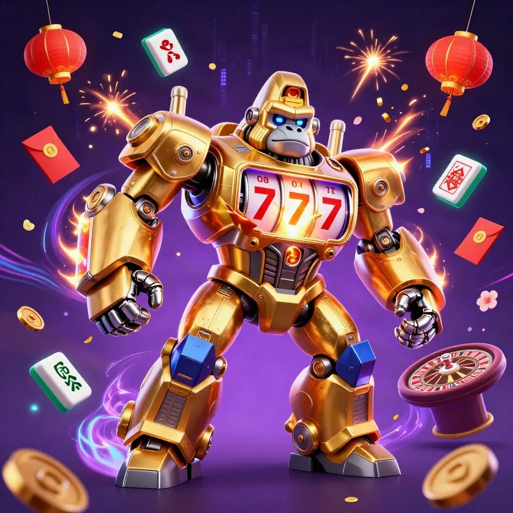 Golden gorilla mech with monkey pilot amid casino magic, neon, lanterns, coins, and cards.