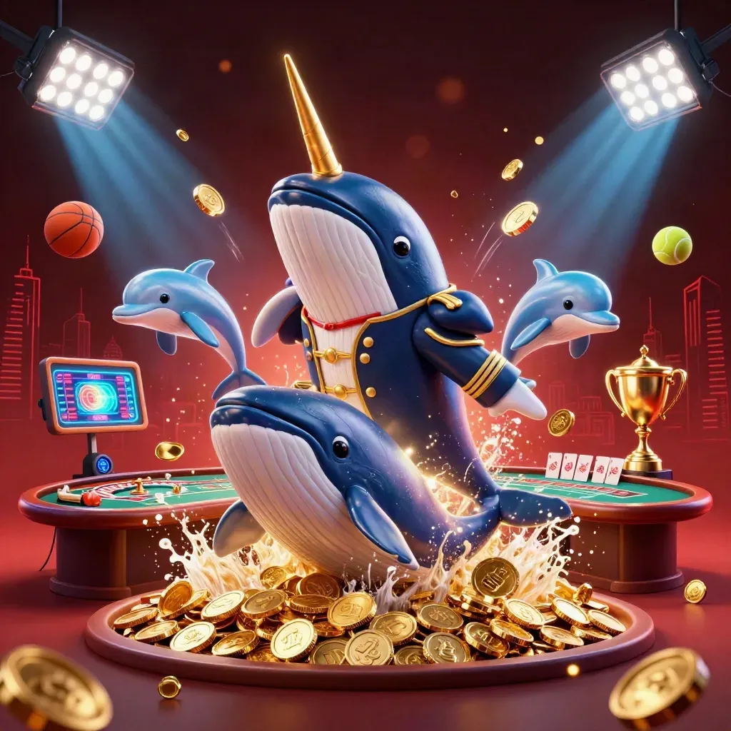 Whale captain, narwhal, and dolphins in a neon casino sea of coins and lights.