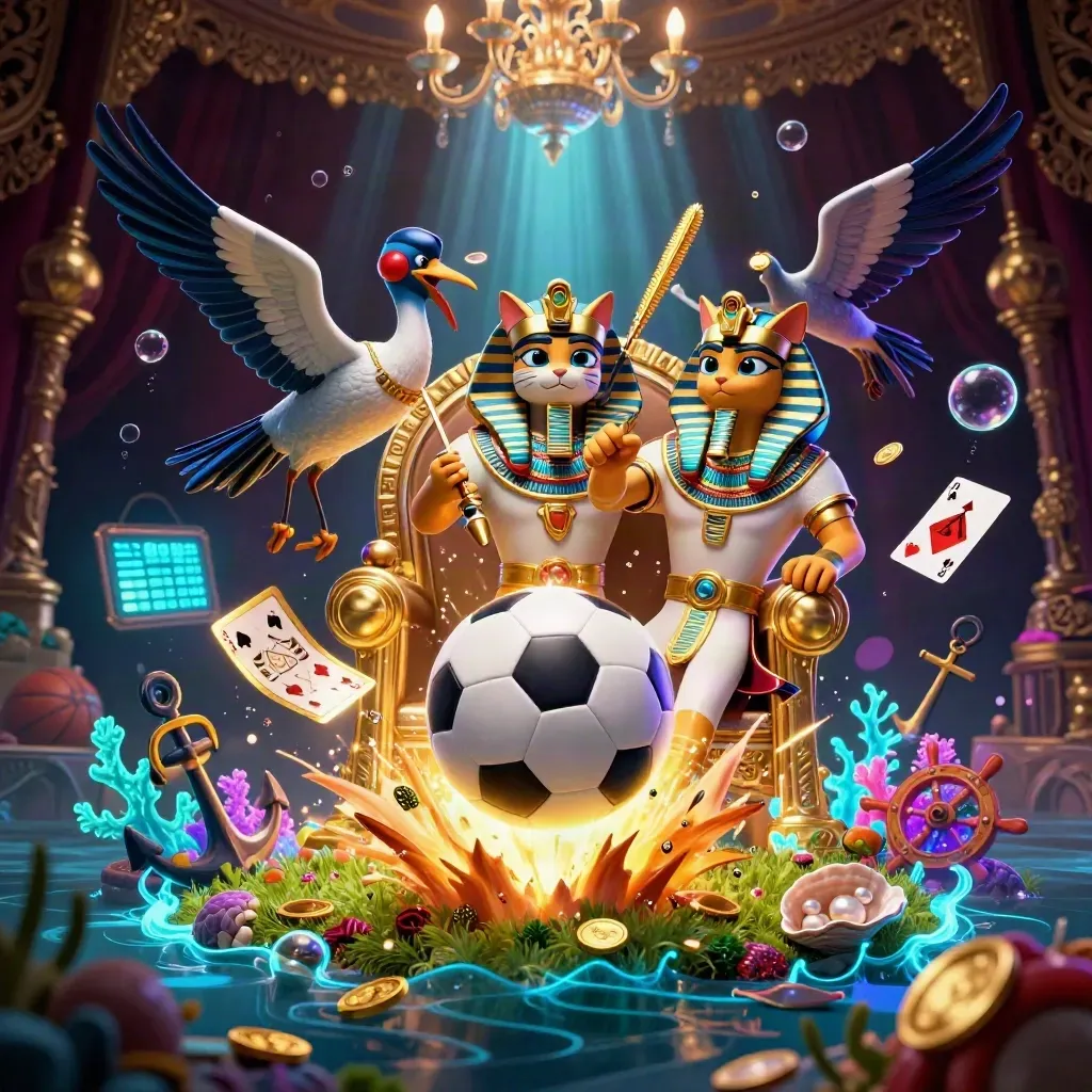 Pharaoh cat, ibis scribe, and scarabs surround a flying soccer ball in a glowing underwater casino