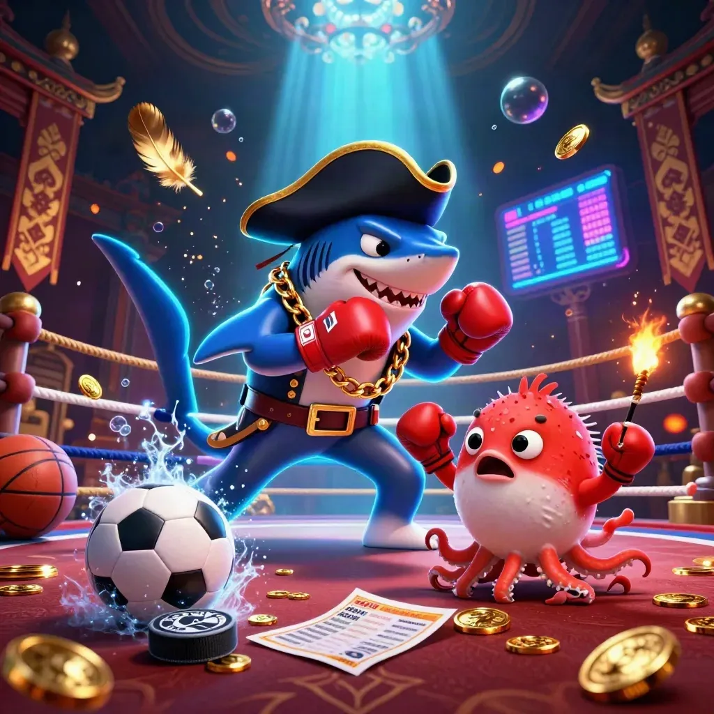 Pirate shark, boxing pufferfish, and coin-juggling octopus amid neon casino sports chaos