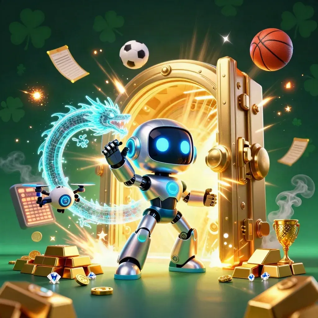Cyberpunk robot, holographic dragon, and coin drone burst through a gold vault amid sports balls and gems.
