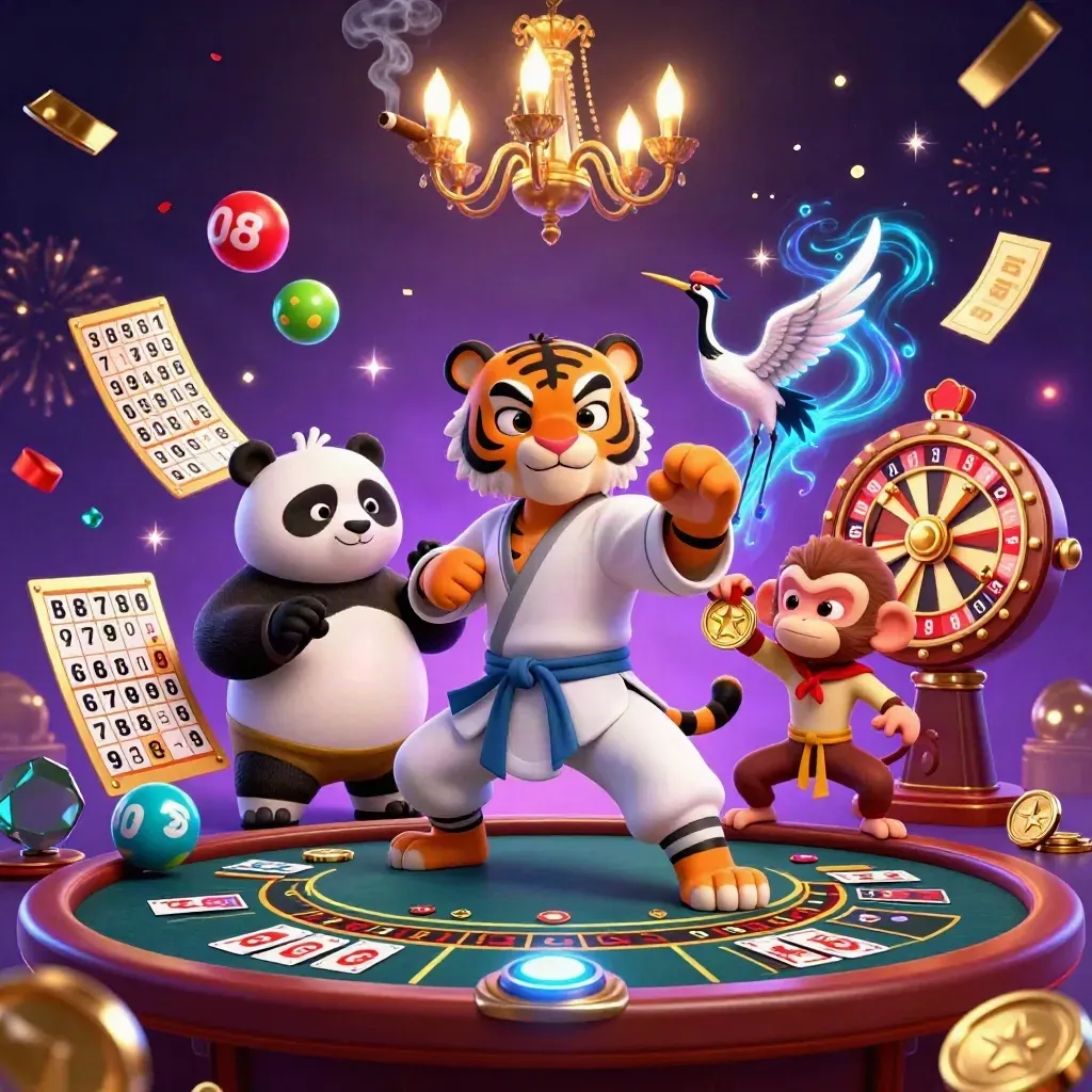 Tiger, panda, and monkey in a neon casino blast with roulette, cards, and fireworks.