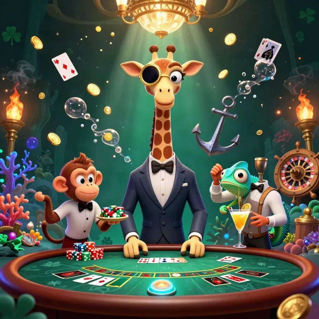 Cartoon giraffe, monkey valet, and chameleon bartender in luxe casino fantasy with gold coins and neon glow