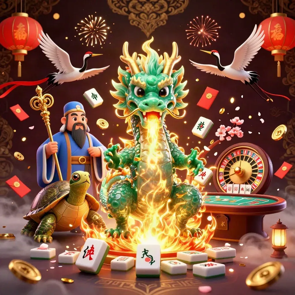 Jade dragon, turtle sage, cranes, mahjong, lanterns, roulette, and casino glow in a luxe scene
