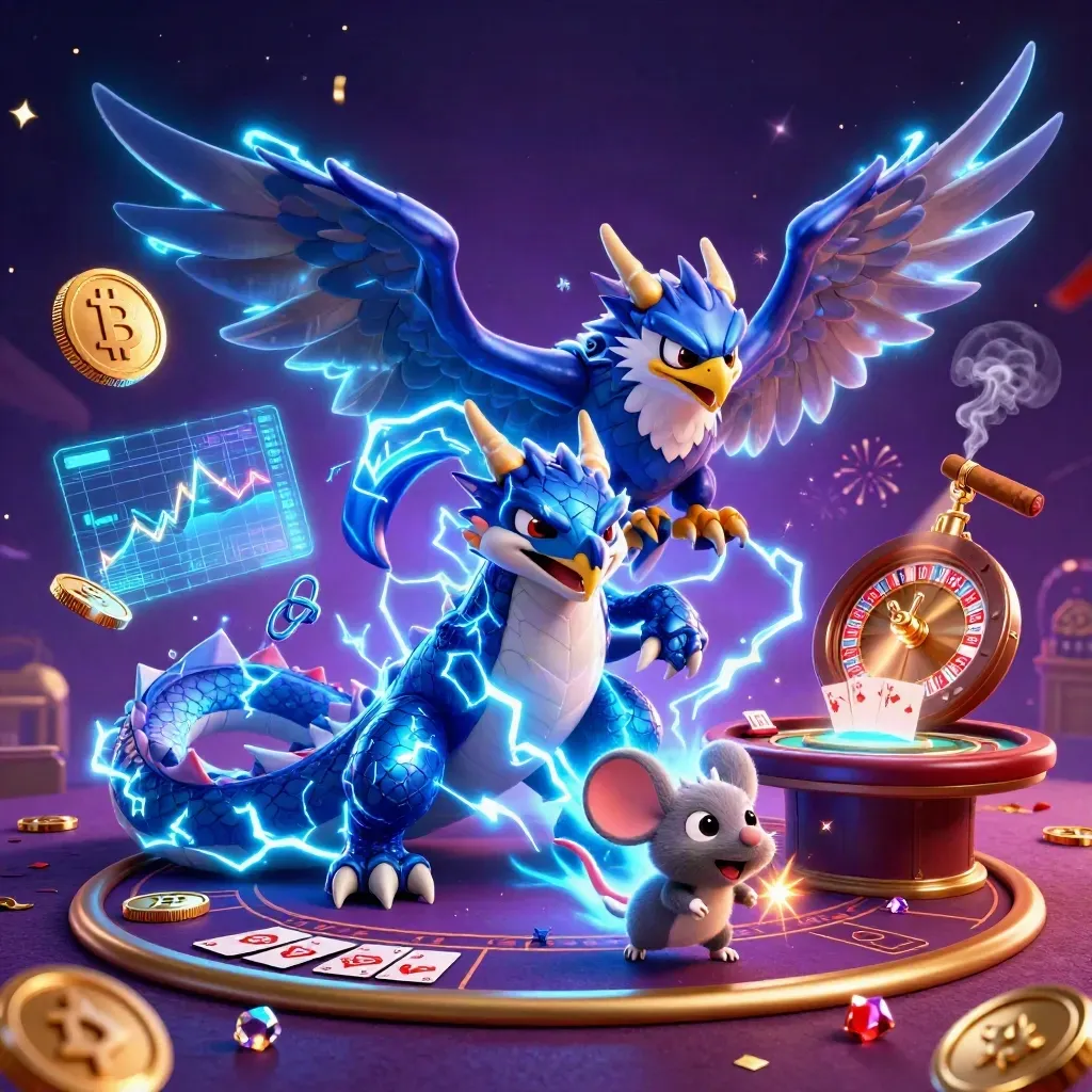 Thunder dragon, wind hawk, and thunder-mouse in a neon casino room with coins, lightning, and roulette.