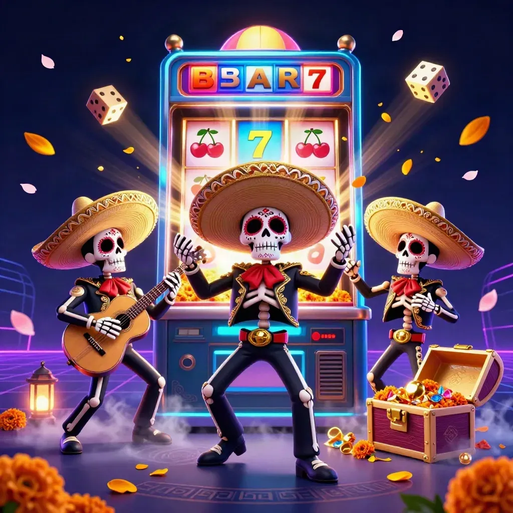 Skeleton mariachi trio amid exploding jackpot machine, gold, petals, and cyan glow.