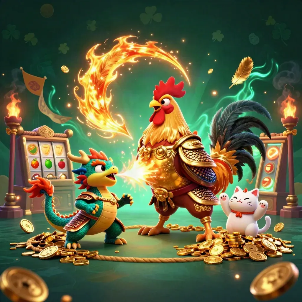 Rooster samurai, dragon hatchling, and fortune cat amid coins, embers, and cyan casino magic.