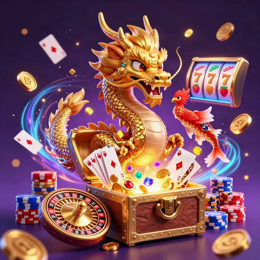 Golden dragon with phoenix and koi amid coins, gems, cards, chips, and casino glow.