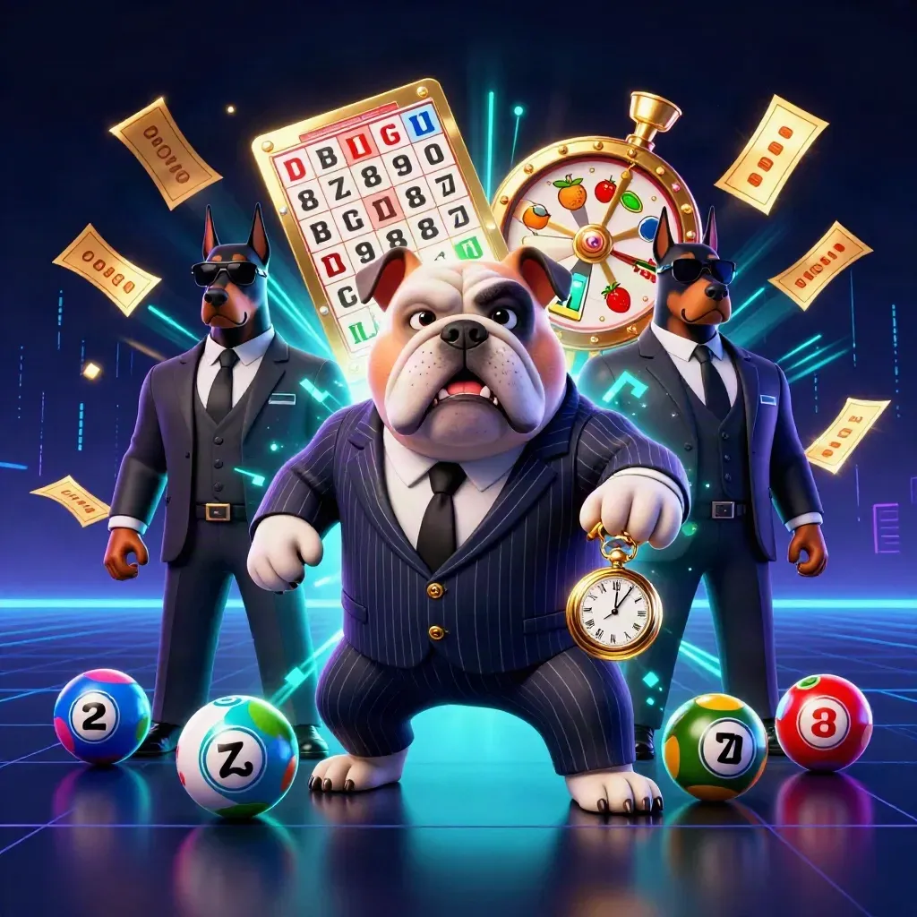 Bulldog mafia boss with Doberman guards amid neon casino chaos and gold burst