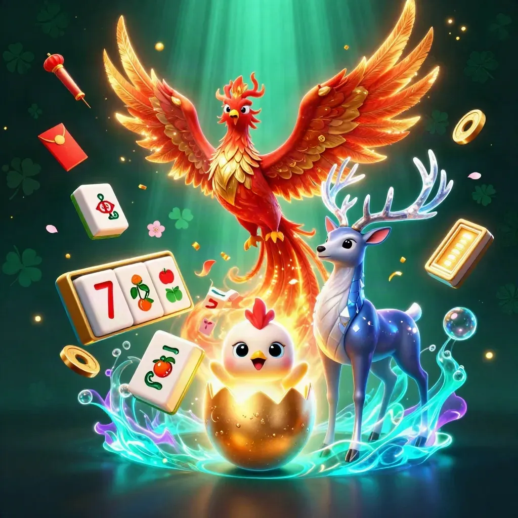 Fire phoenix, hatchling egg, and crystal-antler stag amid casino charms and cyan glow.