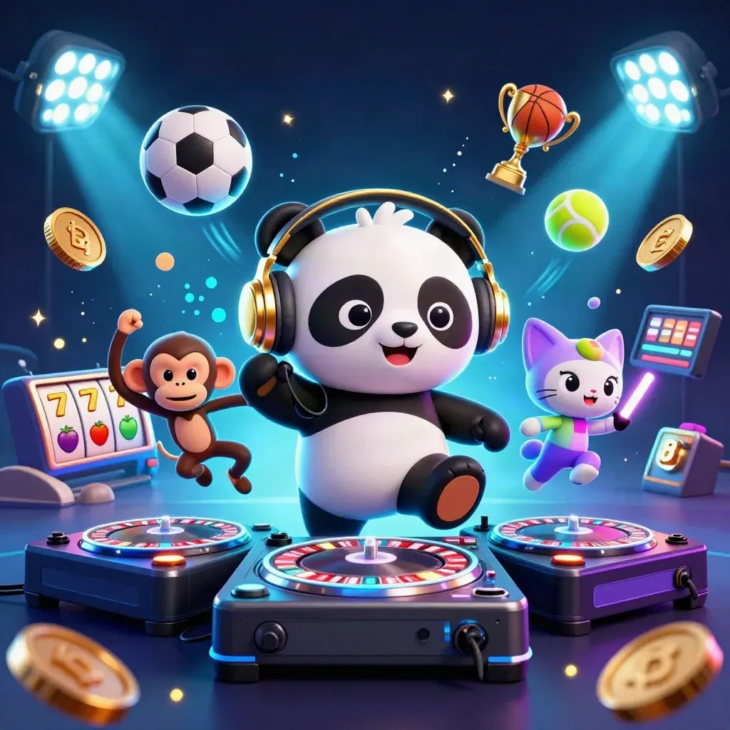DJ panda, dancing monkey and rave kitten amid casino balls, coins and cyan neon bursts.
