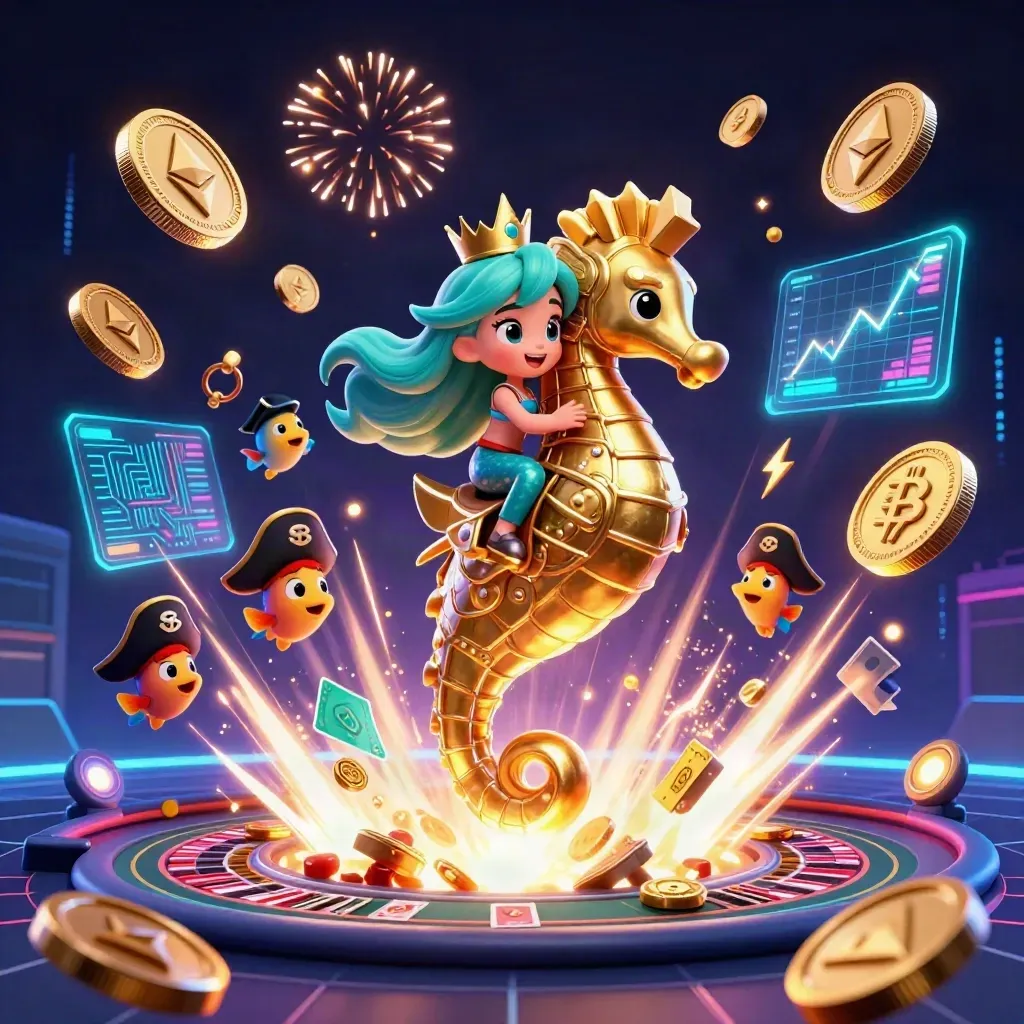Mermaid princess on armored seahorse amid casino vault burst, coins, neon tech, and spinning tables