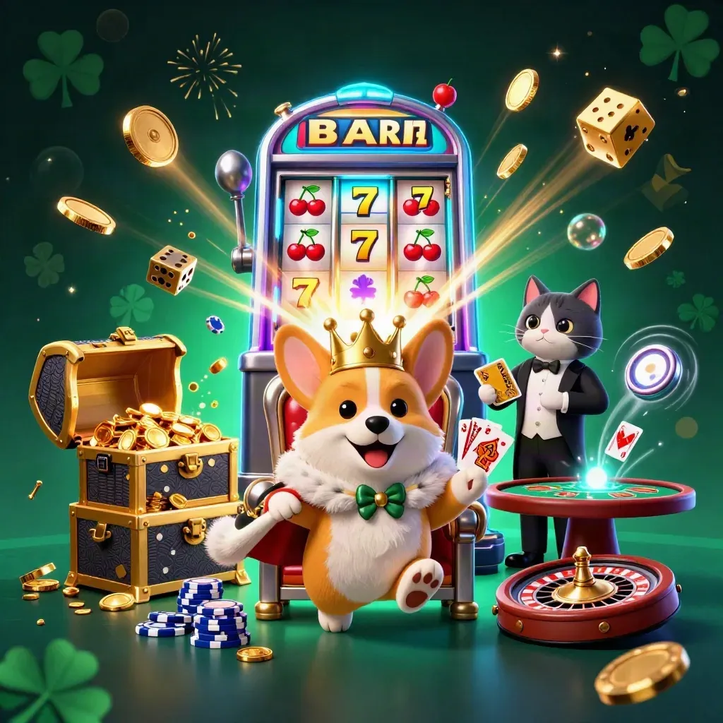 Corgi king and cat butler amid exploding slot machine, coins, cards, dice, and neon casino glow