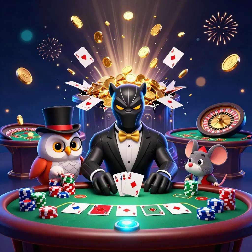 Panther dealer, owl and mouse in casino chaos with coins, cards and fireworks