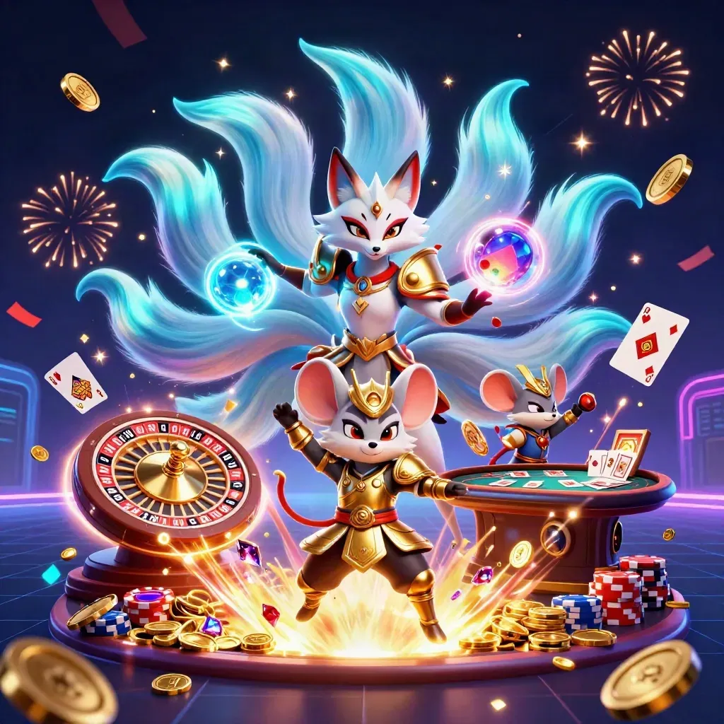 Fox spirit and samurai mouse amid coins, chips, cards, fireworks, and neon casino glow