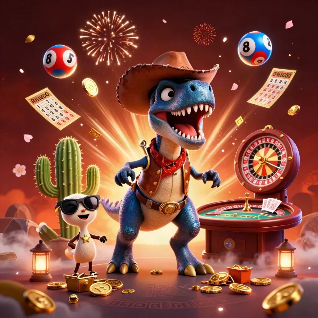 3D cowboy T-Rex trio with casino burst, coins, wheels, cards, and fiery treasure glow