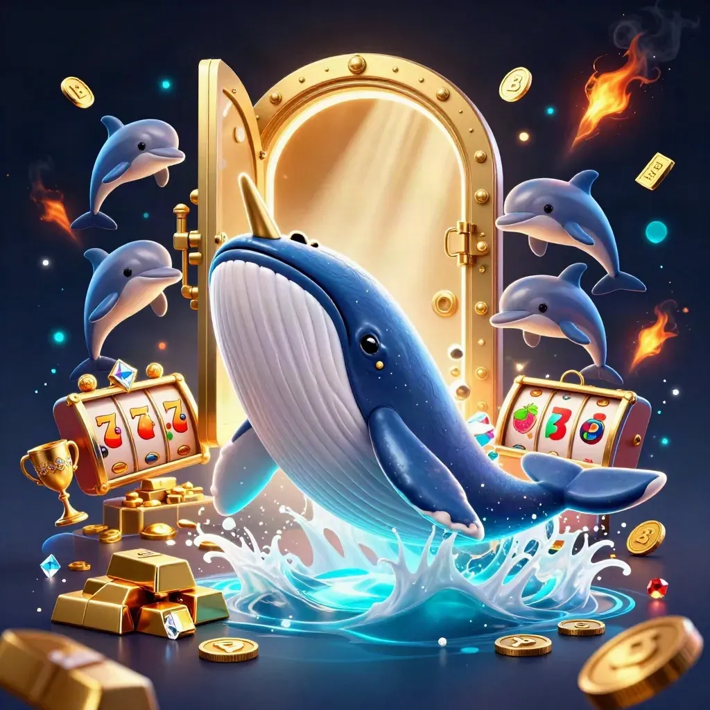 Captain whale and narwhal burst from coins with vault glow, chips, gems, and casino symbols