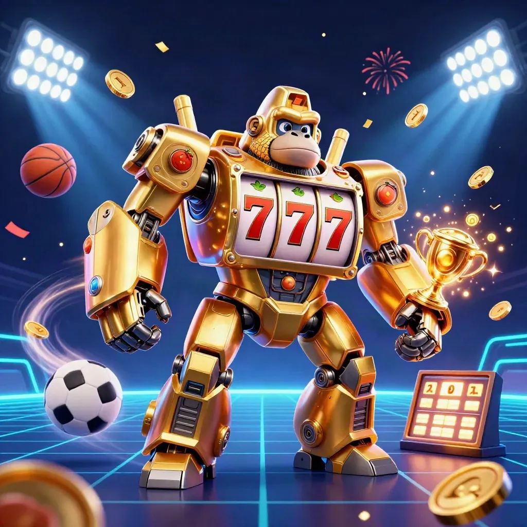 Golden gorilla mech with monkey pilot, slot reels, sports balls, trophies, and neon casino effects.