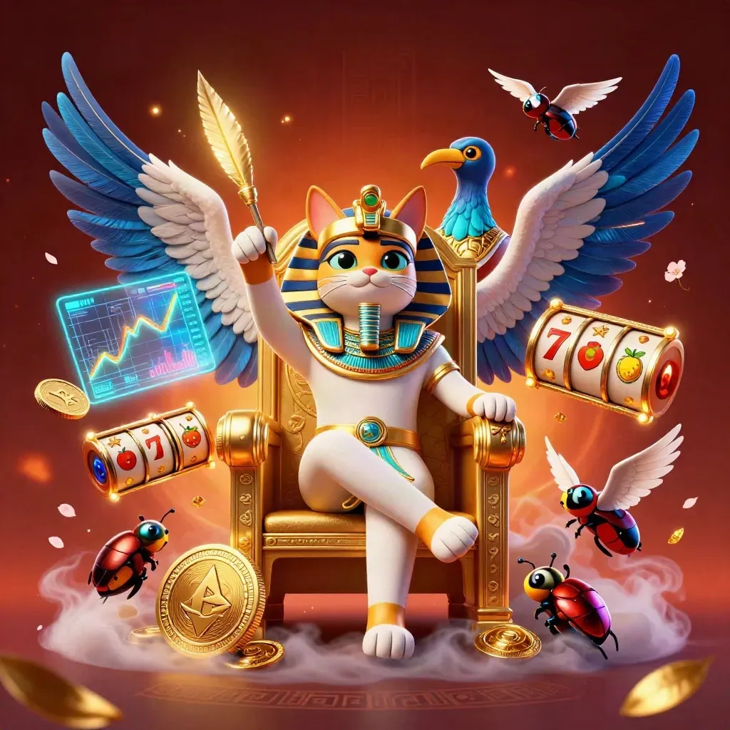 Pharaoh cat, ibis scribe, and gem-wing scarabs amid casino coins, reels, lightning, and runes.