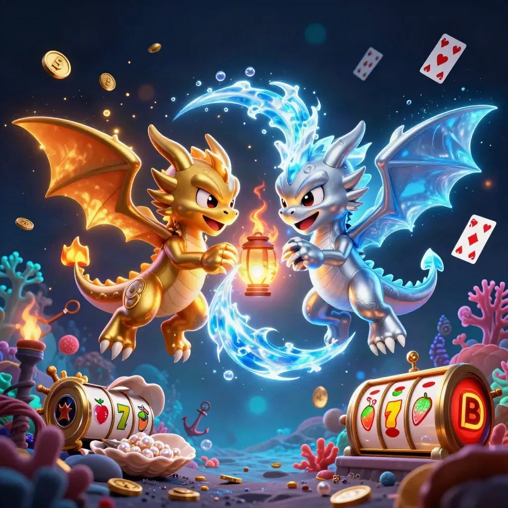 Gold and silver dragons swirl around a lantern spirit in a neon treasure cove.