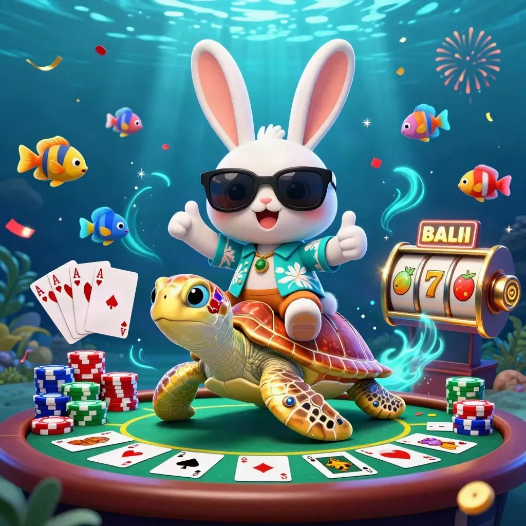 Lucky rabbit rides a gem-shell sea turtle amid chips, cards, reels, and neon underwater casino glow.