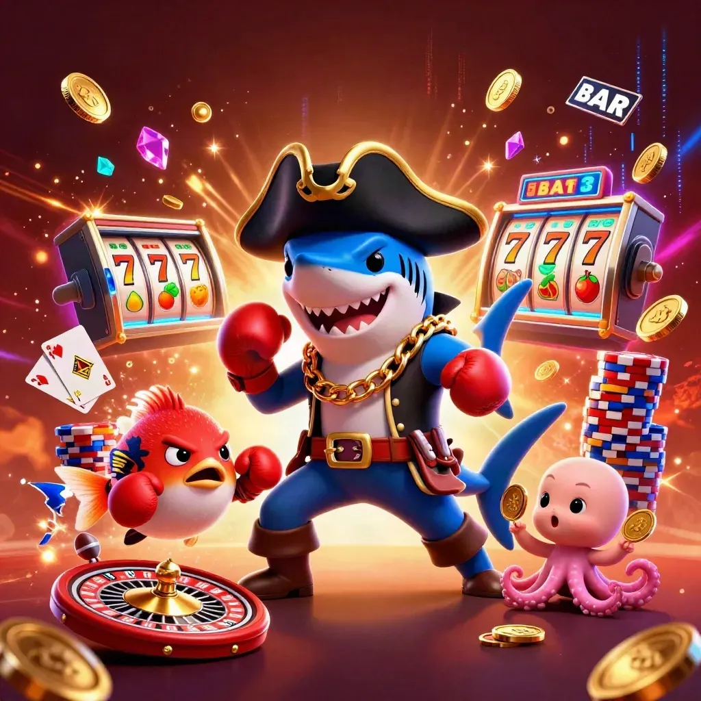 Pirate shark, boxing pufferfish and coin-juggling octopus amid casino burst effects.