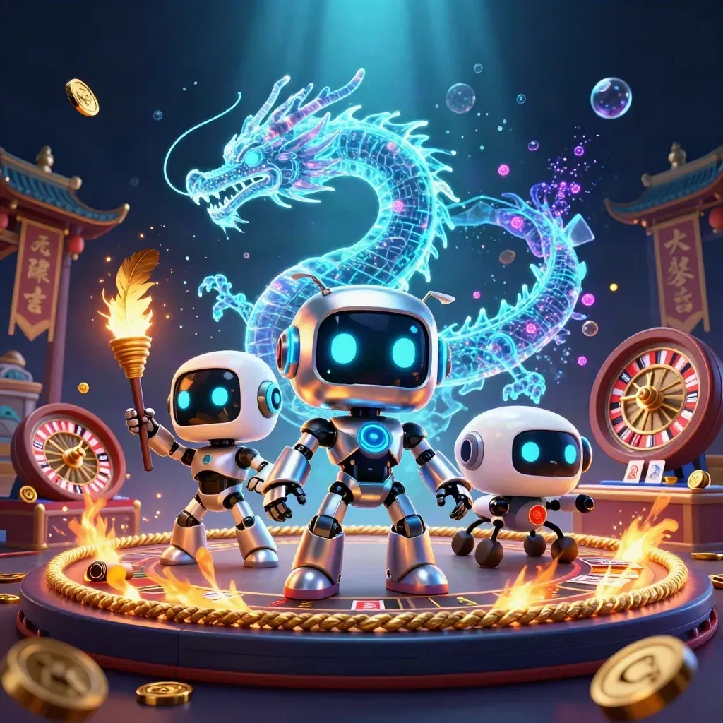 Cyberpunk robot, holographic dragon and coin drone amid casino relics and neon effects.