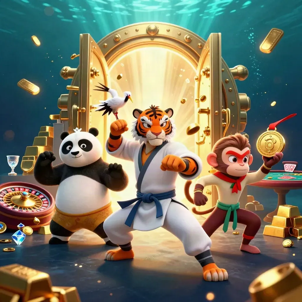 Kung-fu tiger, panda, and monkey amid gold, vault light, and casino props