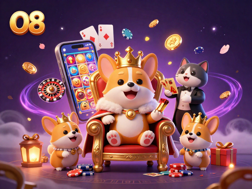 Experience thrilling gameplay at O8 with a royal corgi and a butler in an enchanting casino scene.