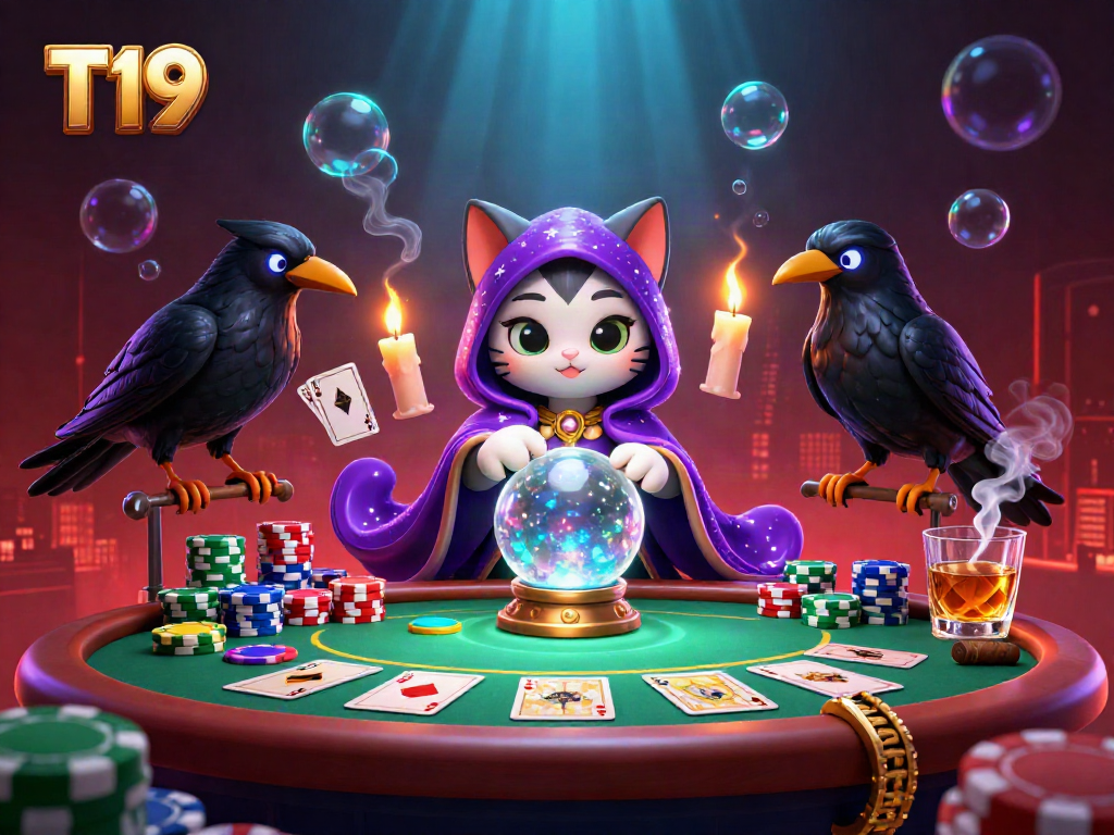 Engage in T19's thrilling gambling experience with mystic cat fortune teller, raven, poker paraphernalia.