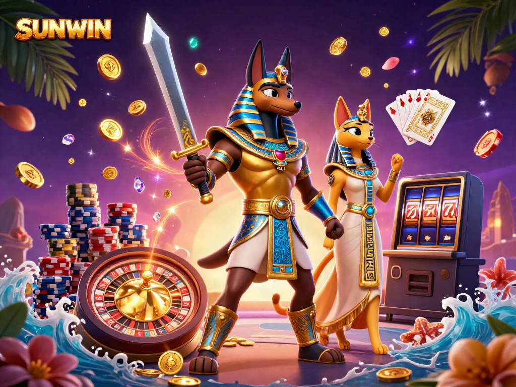 SUNWIN features vibrant 3D illustration of Anubis warrior and cat in a dynamic casino environment.