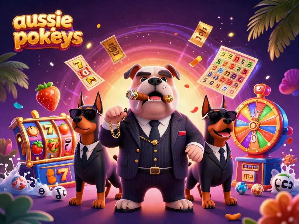 Aussie pokies vibrant casino scene with a mafia boss bulldog, slot reels, and colorful elements.
