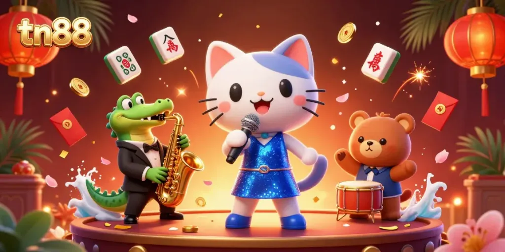 Engage in the vibrant world of tn88 with a lively illustration showcasing a jazz-singer cat and musical characters.