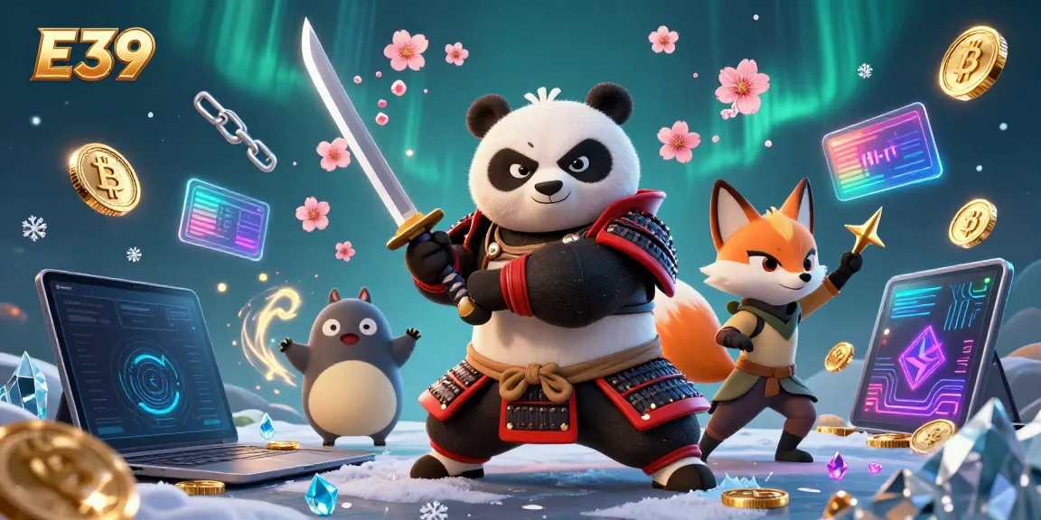 E39 players enjoy thrilling slots with samurai panda, ninja fox, and magical spirit in a vibrant 3D casino scene.