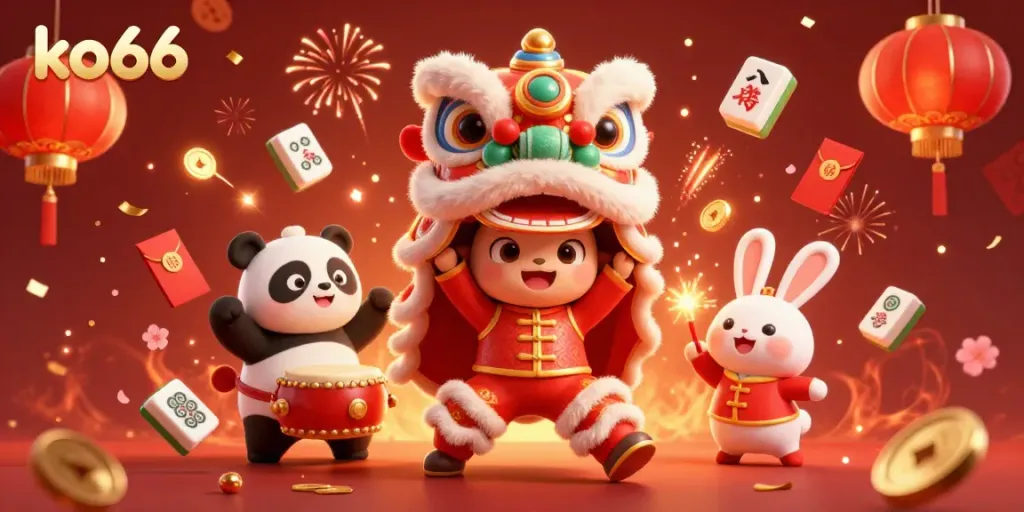 Celebrate gaming at ko66 with a vibrant 3D scene featuring lively characters and festive decorations.