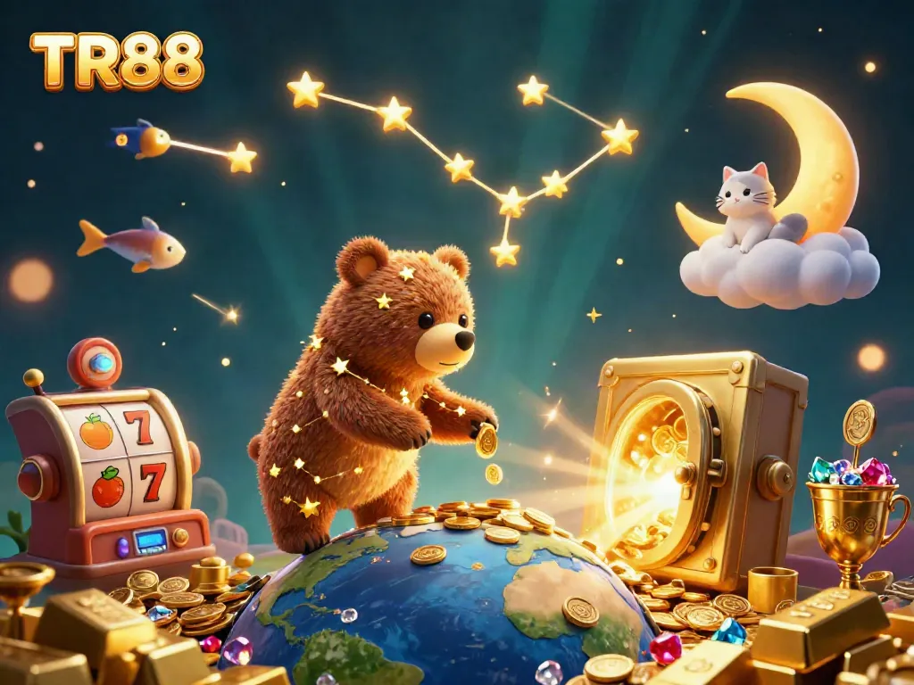 TR88 engages players with a vibrant 3D casino world filled with treasures and lively character interactions.