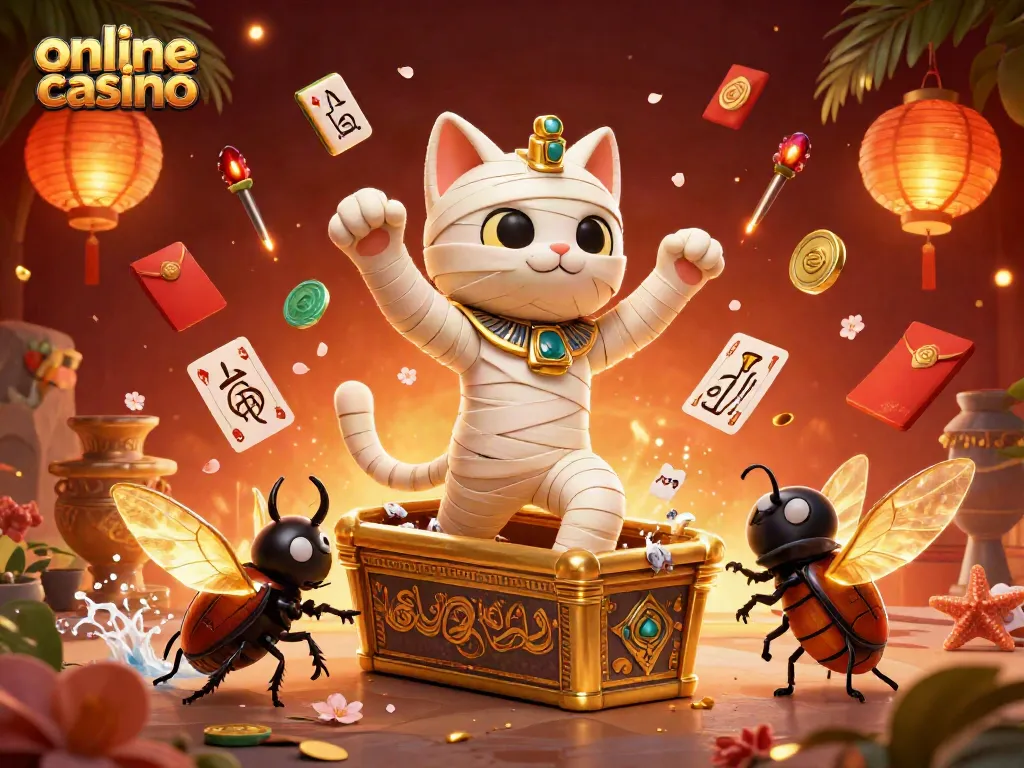 Play exciting online casino games with the Egyptian mummy cat and glowing scarab beetle companions.