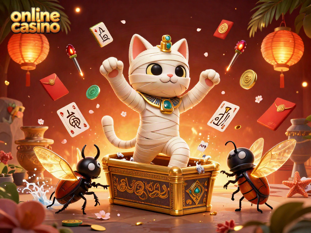 Play exciting online casino games with the Egyptian mummy cat and glowing scarab beetle companions.