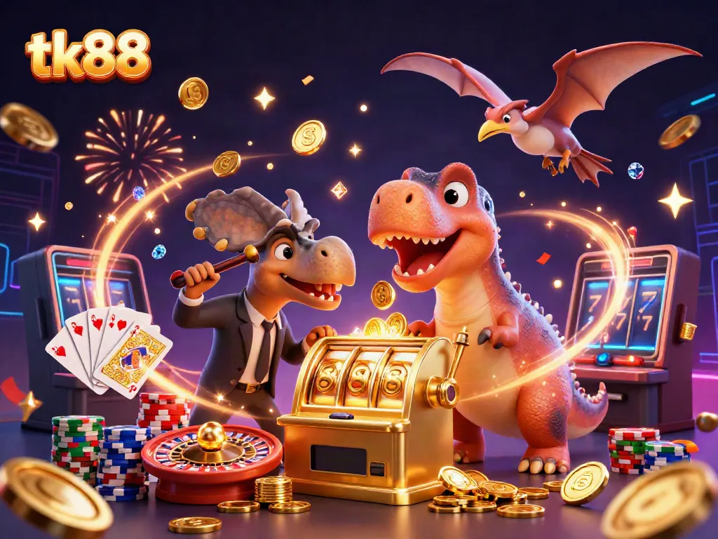 Capture an exciting jackpot moment at tk88 as a dinosaur hits a slot machine, flying coins everywhere!