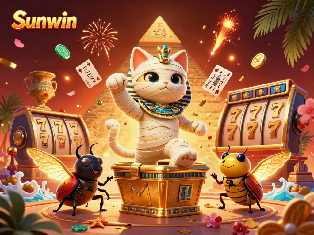 Experience thrilling wins at Sunwin with vibrant casino elements featuring a cat, beetle, and floating cards.
